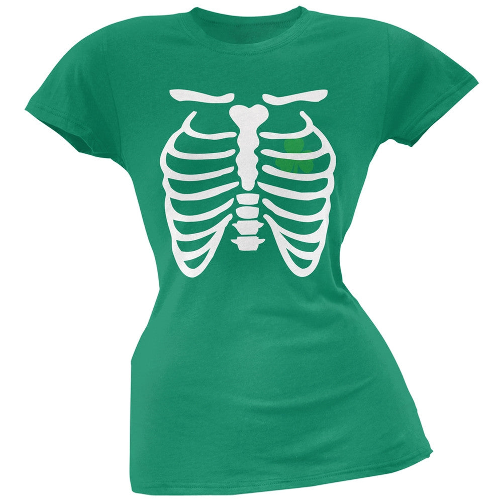 St. Patrick's Day - Shamrock Heart Skeleton Kelly Green Juniors Soft T-Shirt Juniors T-Shirts Old Glory 2XL Green