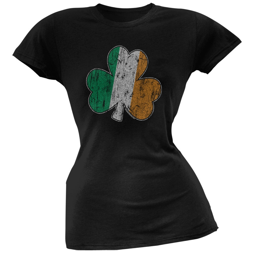 St. Patricks Day - Shamrock Flag Black Juniors Soft T-Shirt Juniors T-Shirts Old Glory SM Black