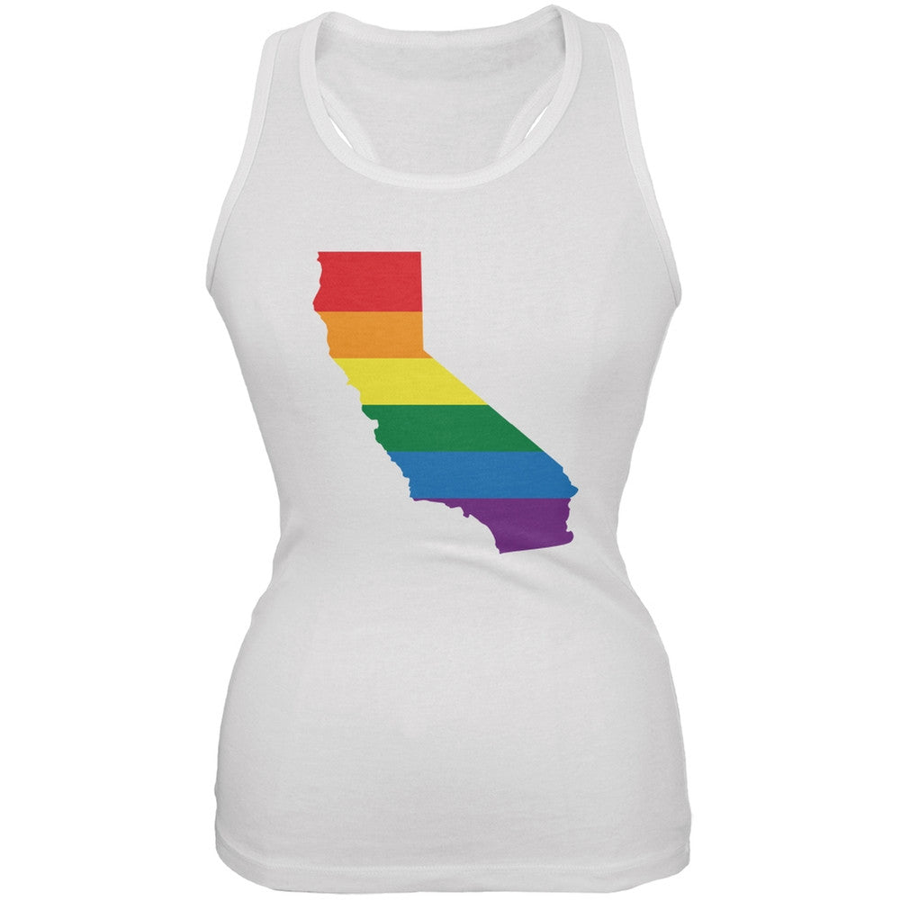 California LGBT Lesbian Pride Rainbow White Juniors Soft Tank Top Juniors Tank Tops Old Glory 2XL White