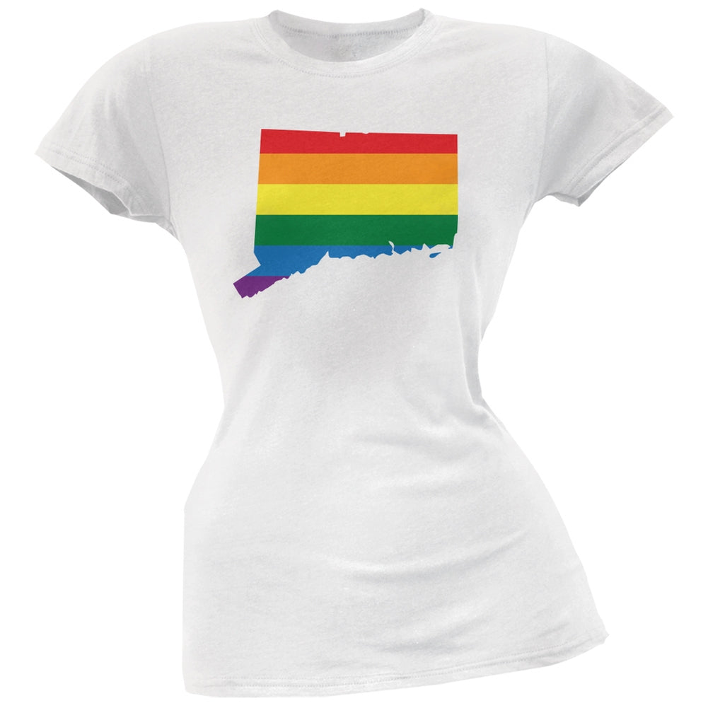 Connecticut LGBT Lesbian Pride Rainbow White Juniors Soft T-Shirt Juniors T-Shirts Old Glory 2XL White