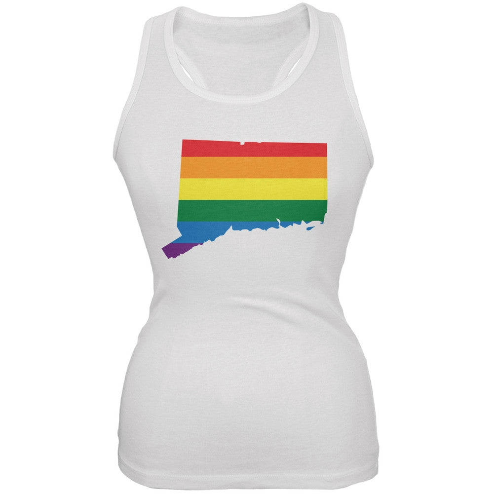Connecticut LGBT Lesbian Pride Rainbow White Juniors Soft Tank Top Juniors Tank Tops Old Glory 2XL White