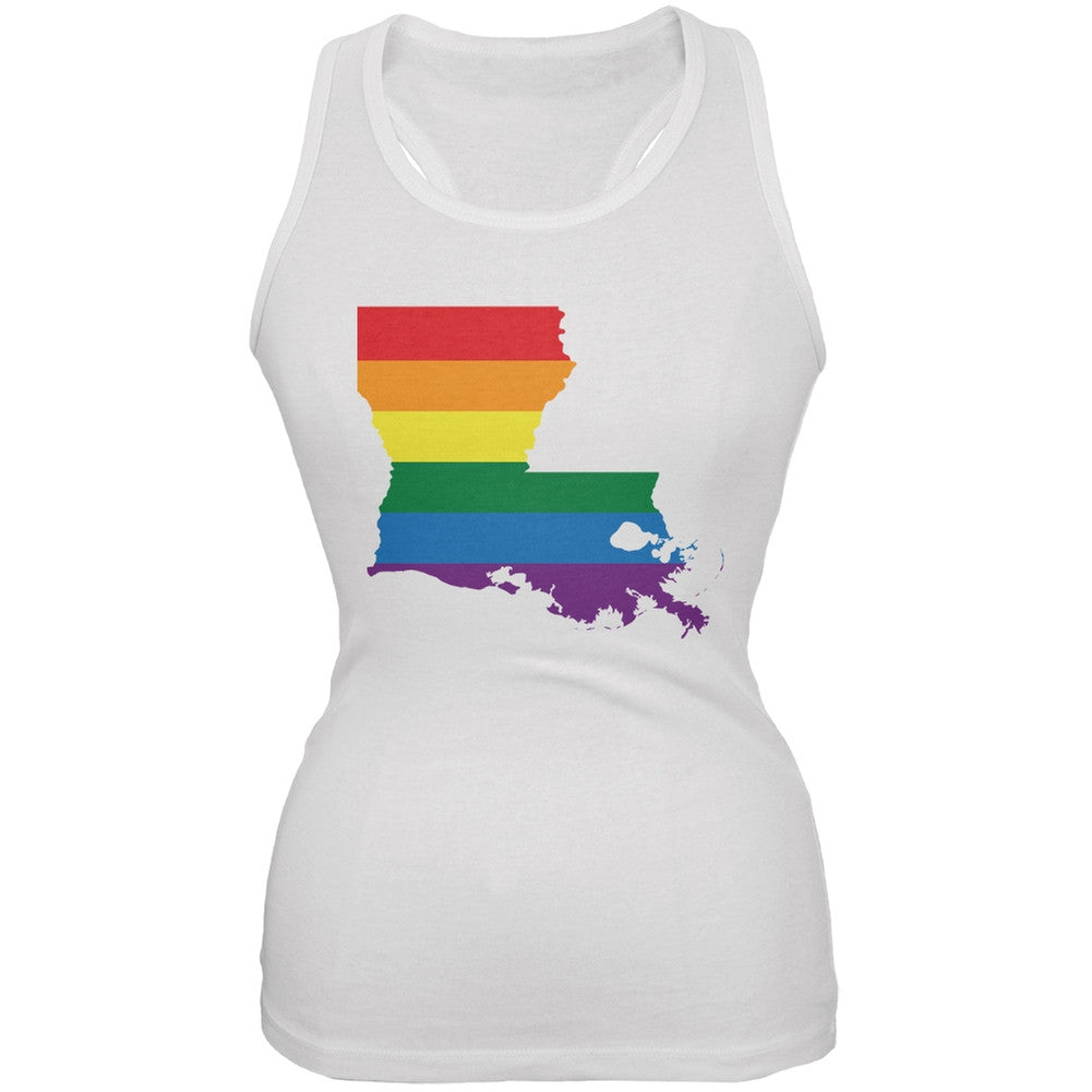 Louisiana LGBT Lesbian Pride Rainbow White Juniors Soft Tank Top Juniors Tank Tops Old Glory 2XL White