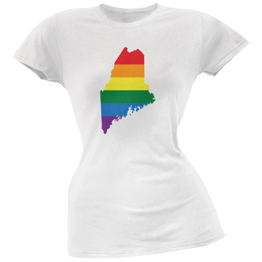 Maine LGBT Lesbian Pride Rainbow White Juniors Soft T-Shirt Juniors T-Shirts Old Glory 2XL White