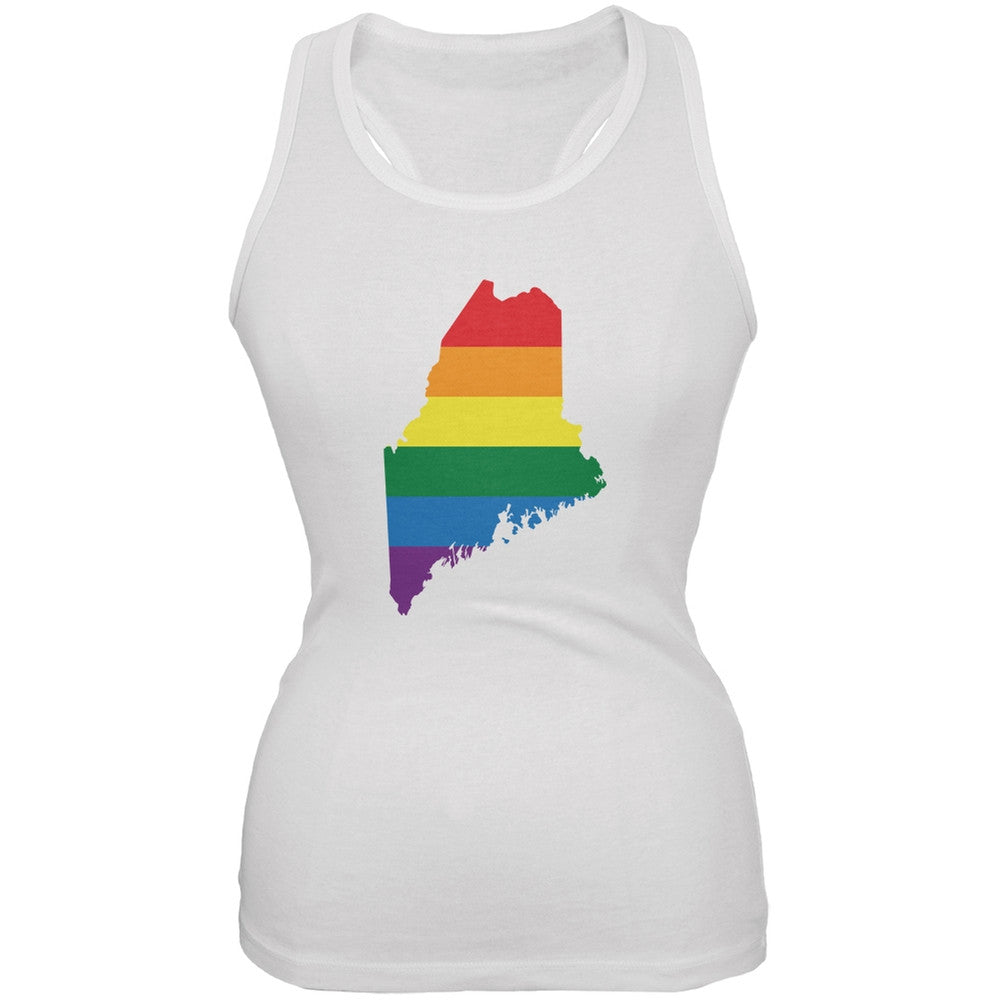 Maine LGBT Lesbian Pride Rainbow White Juniors Soft Tank Top Juniors Tank Tops Old Glory 2XL White