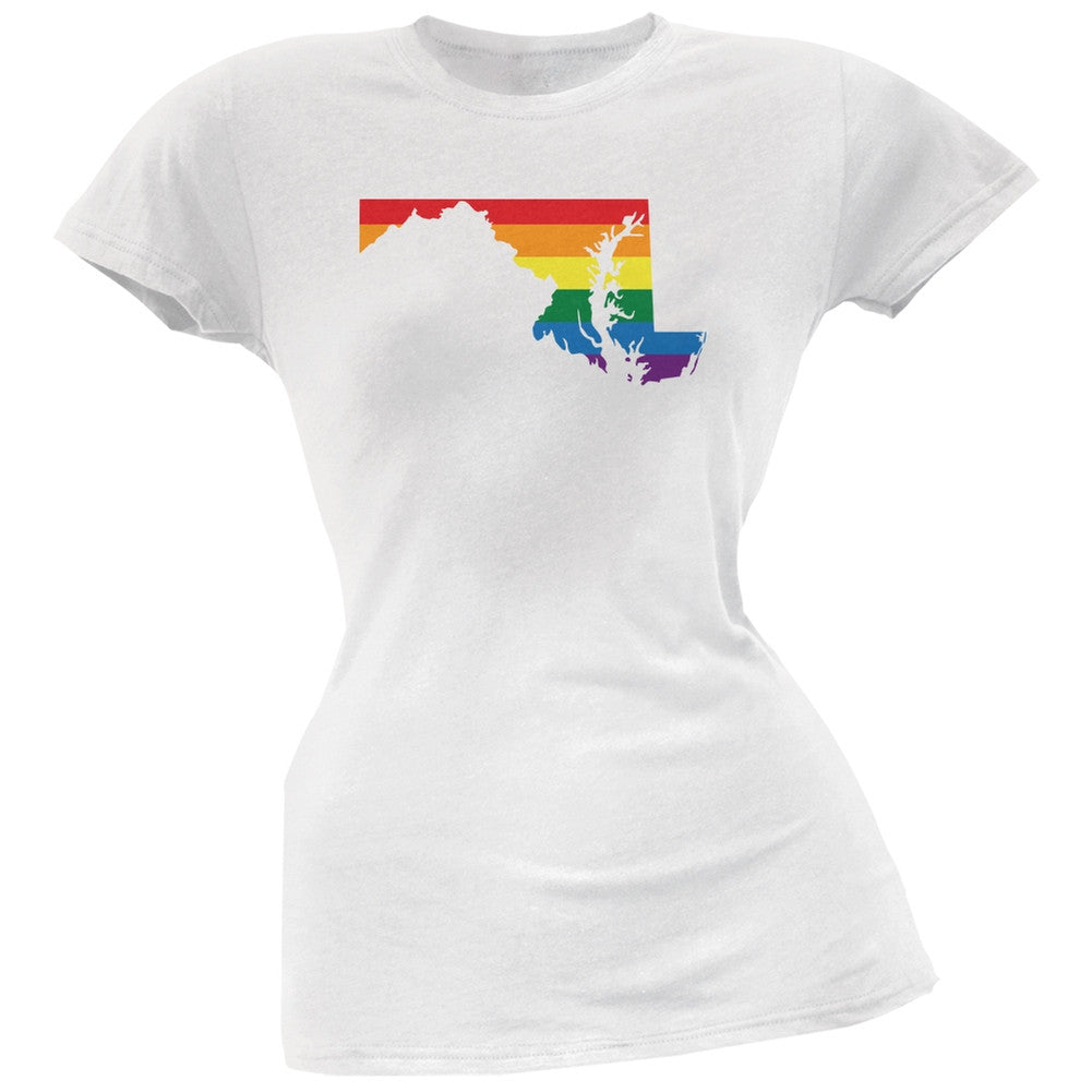 Maryland LGBT Lesbian Pride Rainbow White Juniors Soft T-Shirt Juniors T-Shirts Old Glory 2XL White