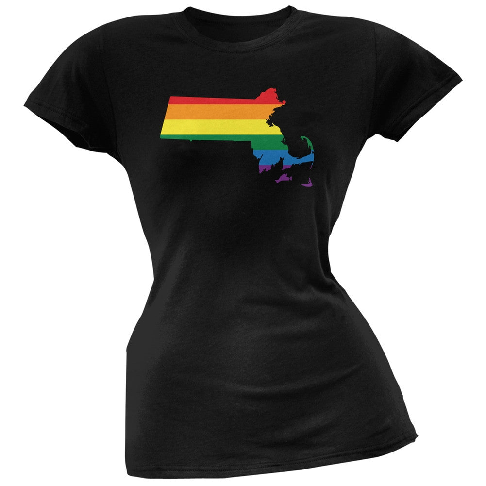 Massachusetts LGBT Lesbian Pride Rainbow Black Juniors Soft T-Shirt Juniors T-Shirts Old Glory 2XL Black
