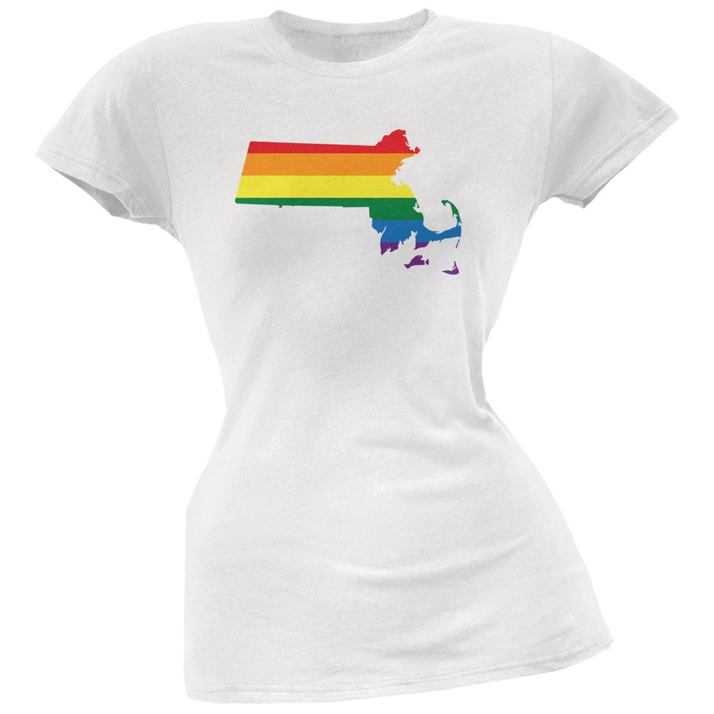 Massachusetts LGBT Lesbian Pride Rainbow White Juniors Soft T-Shirt Juniors T-Shirts Old Glory 2XL White