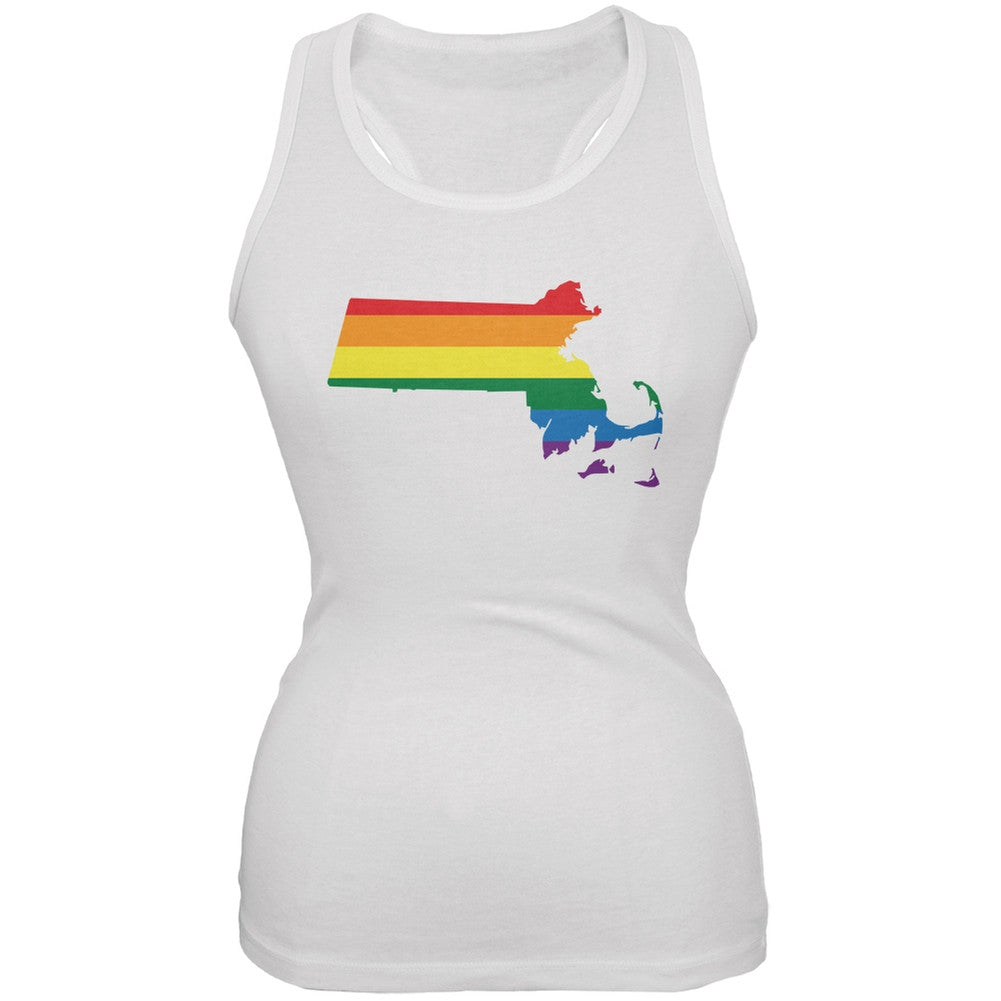 Massachusetts LGBT Lesbian Pride Rainbow White Juniors Soft Tank Top Juniors Tank Tops Old Glory 2XL White
