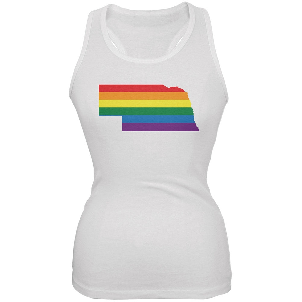 Nebraska LGBT Lesbian Pride Rainbow White Juniors Soft Tank Top Juniors Tank Tops Old Glory 2XL White