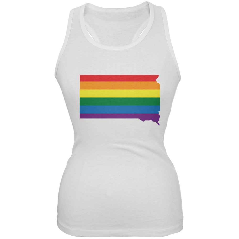 South Dakota LGBT Lesbian Pride Rainbow White Juniors Soft Tank Top Juniors Tank Tops Old Glory 2XL White