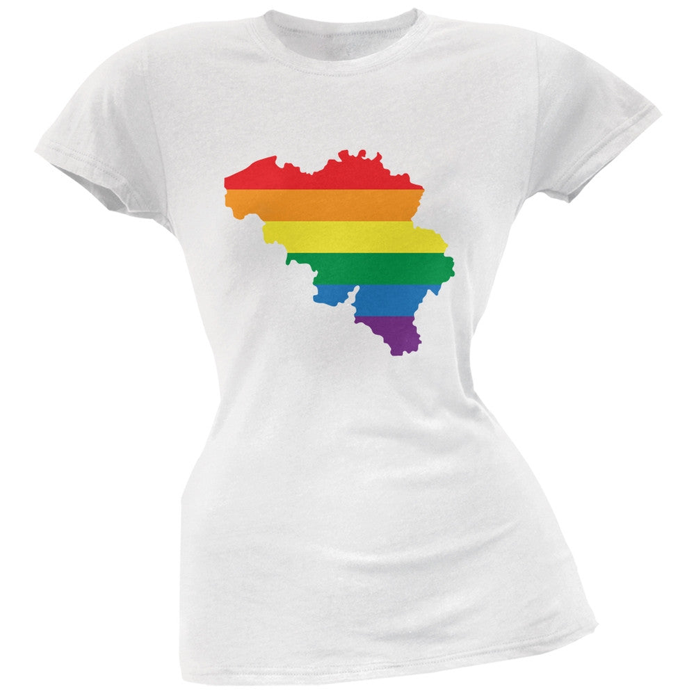 Belgium LGBT Lesbian Pride Rainbow White Juniors Soft T-Shirt Juniors T-Shirts Old Glory 2XL White