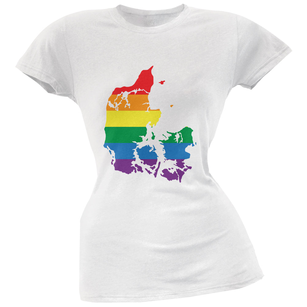 Denmark LGBT Lesbian Pride Rainbow White Juniors Soft T-Shirt Juniors T-Shirts LGBT 2XL White