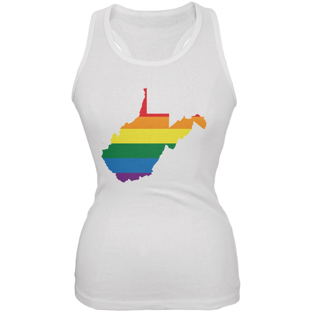West Virginia LGBT Lesbian Pride Rainbow White Juniors Soft Tank Top Juniors Tank Tops Old Glory 2XL White