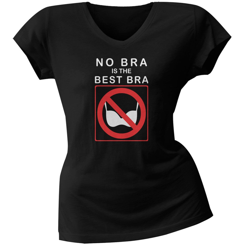 Best No Bra Funny Black Juniors V-Neck T-Shirt Juniors T-Shirts Old Glory 2XL Black