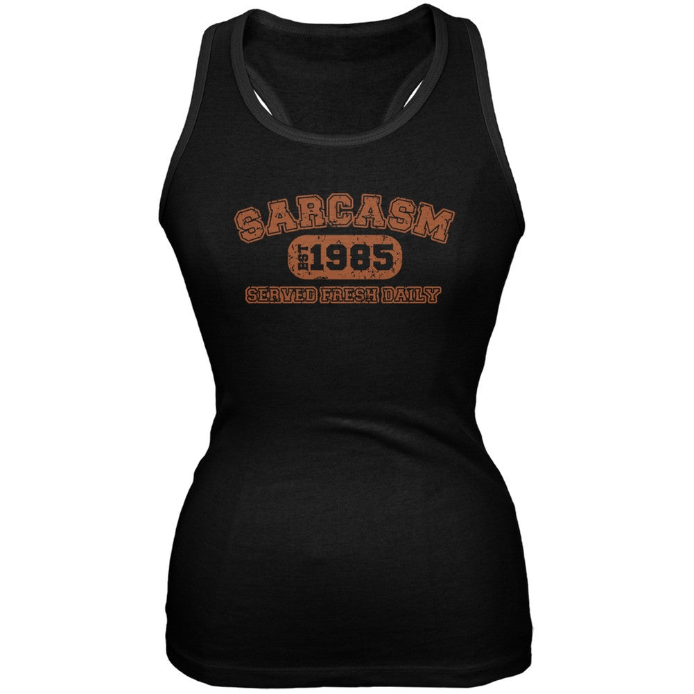 Sarcasm Served Fresh Daily Funny 1985 Black Juniors Soft Tank Top Juniors Tank Tops Old Glory 2XL Black