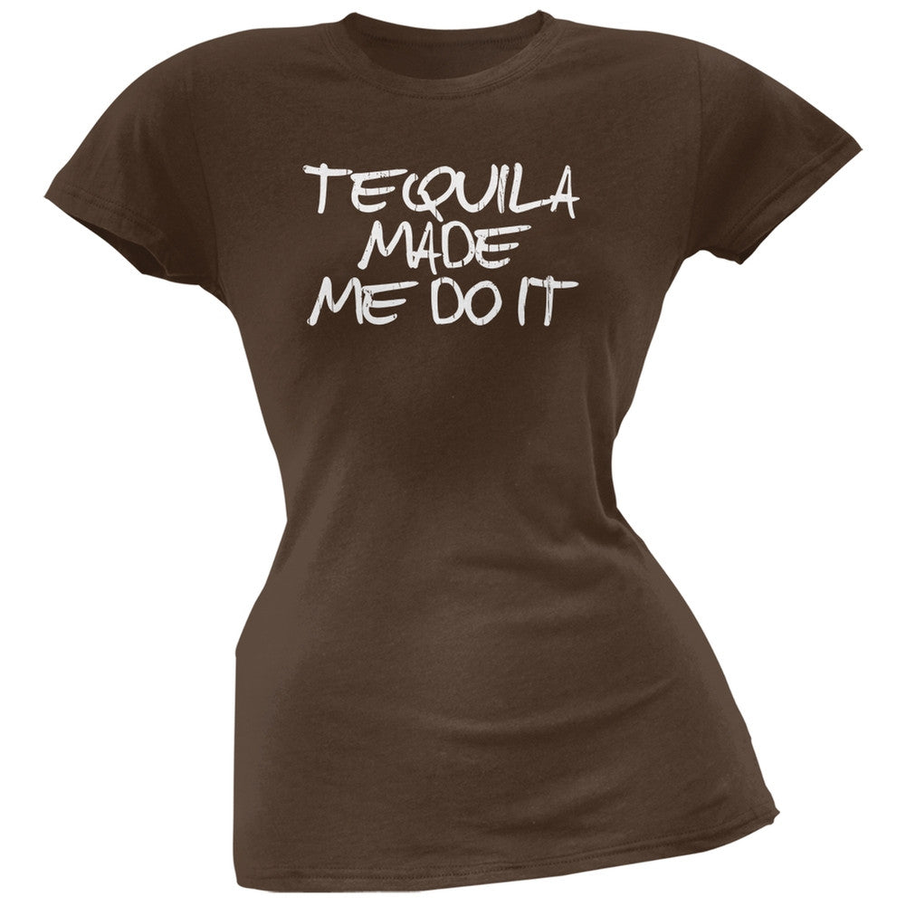 Cinco de Mayo - Tequila Made Me Do It Black Juniors Soft T-Shirt Juniors T-Shirts Old Glory SM Brown