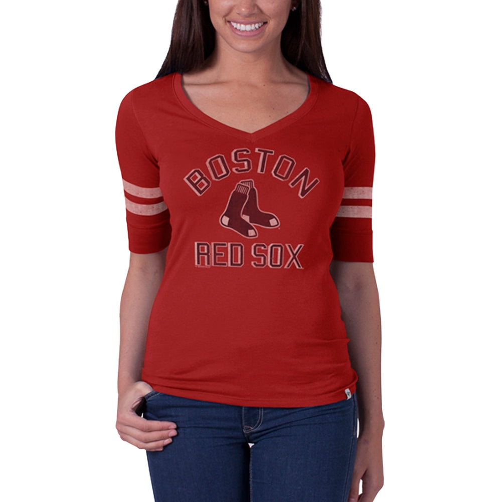 Boston Red Sox - Flanker Logo Half Sleeve Juniors V-Neck T-Shirt Juniors T-Shirts Boston Red Sox LG Red