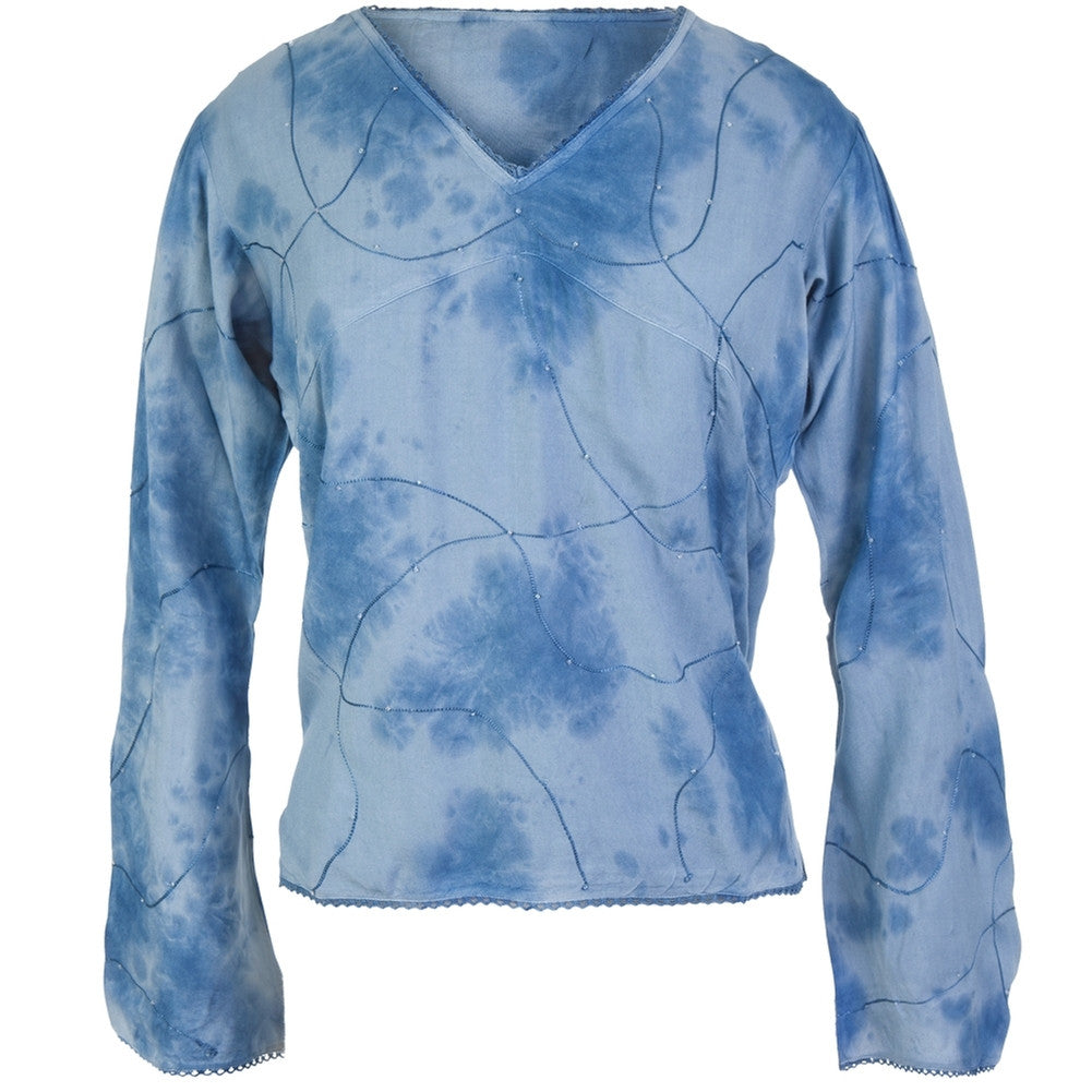 Blue Embroidered and Beaded Long Sleeve Blouse Women's Blouses Old Glory
