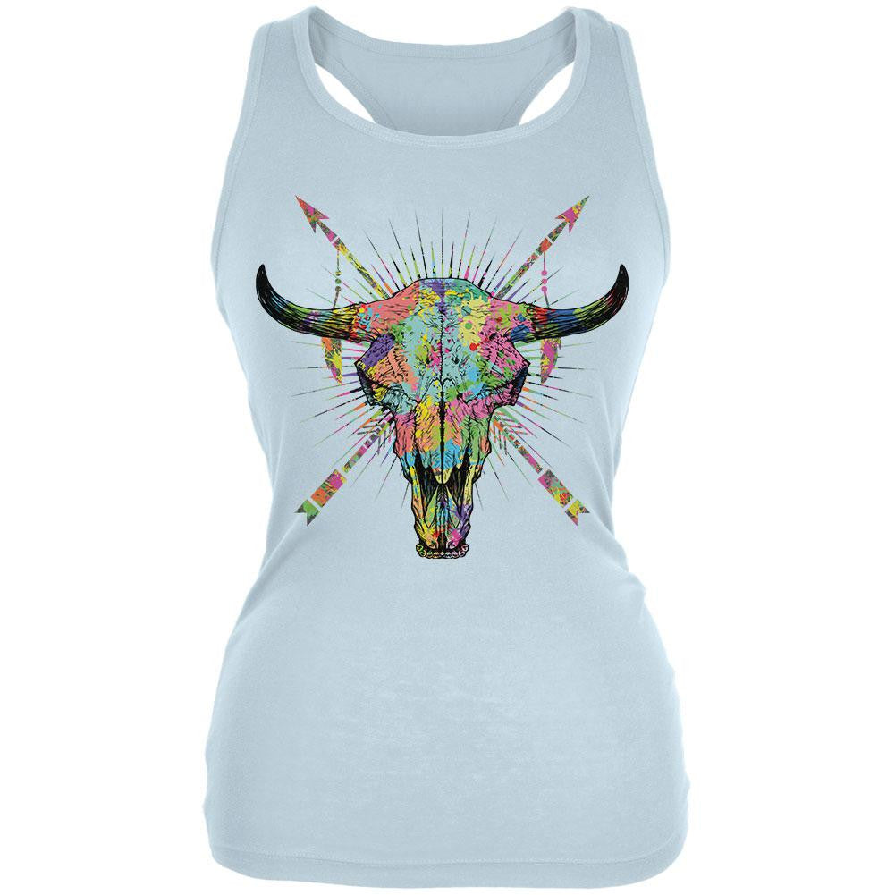 Splatter Cow Skull Pale Blue Juniors Soft Tank Top Juniors Tank Tops Old Glory 2XL Blue