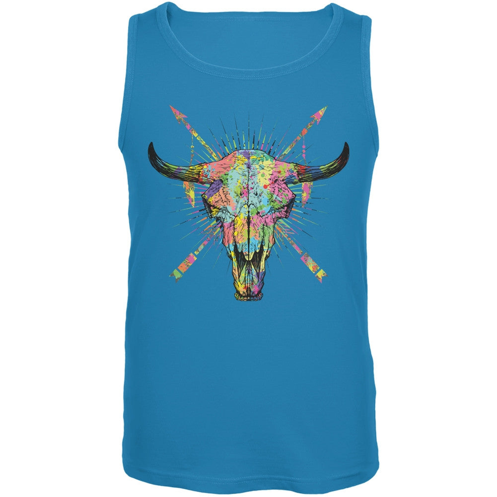 Splatter Cow Skull Turquoise Adult Tank Top Men's Tank Tops Old Glory LG Blue
