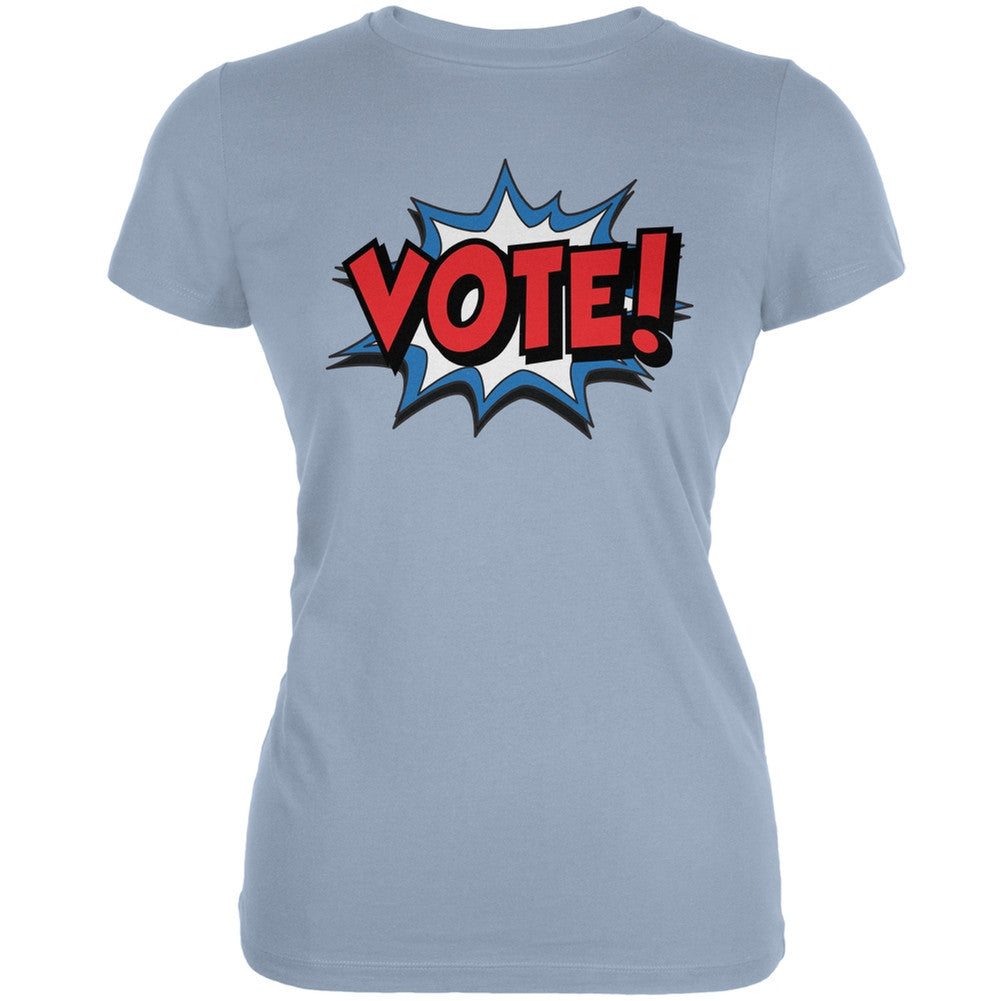 Election Comic Style VOTE! Light Blue Juniors Soft T-Shirt Juniors T-Shirts Old Glory 2XL Blue