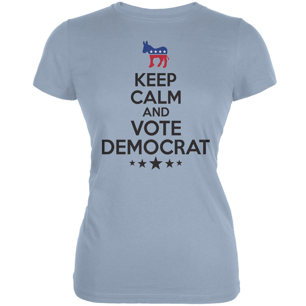 Election Keep Calm Vote Democrat Light Blue Juniors Soft T-Shirt Juniors T-Shirts Old Glory 2XL Blue