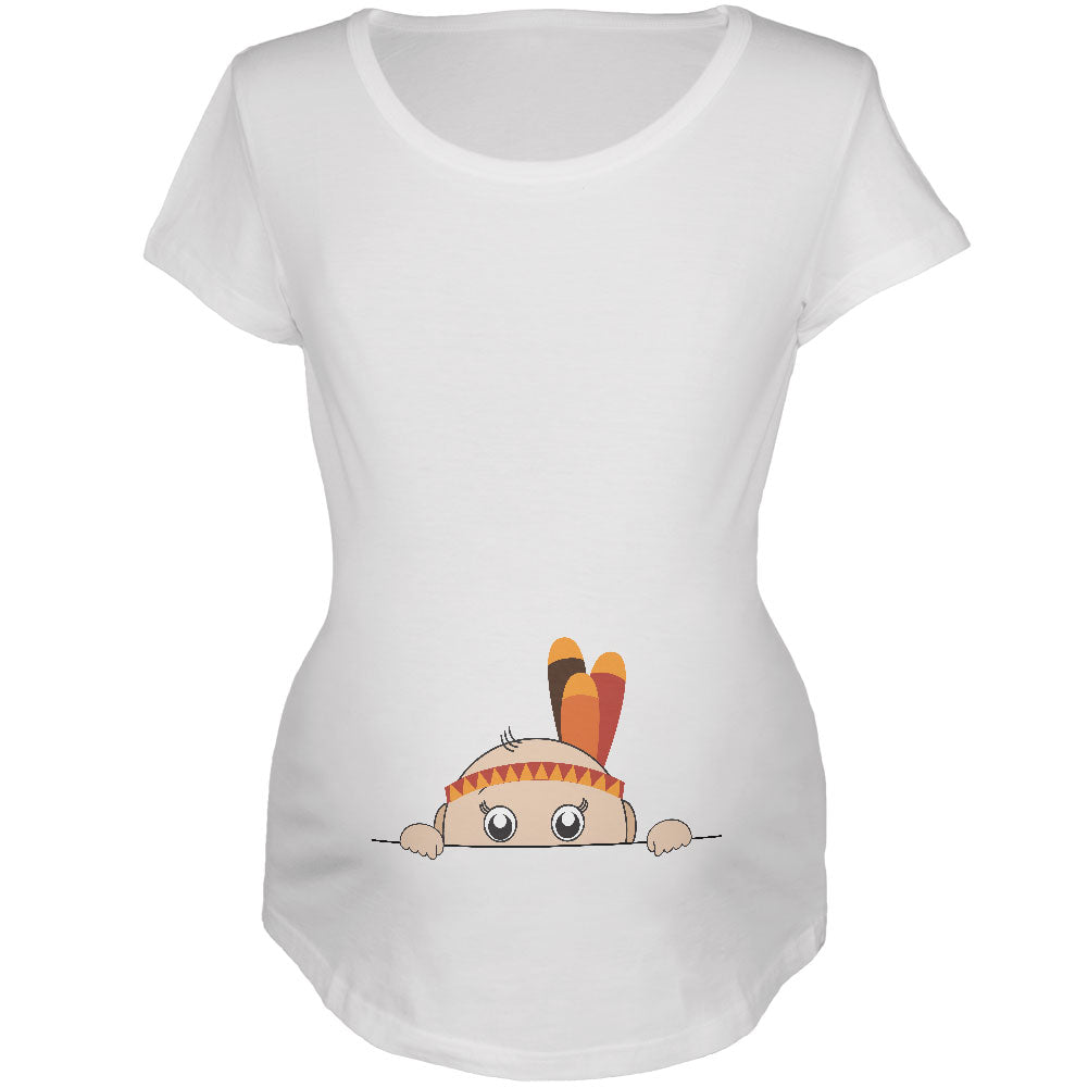 Peeking Baby Thanksgiving Indian White Maternity Soft T-Shirt Maternity T-Shirts Old Glory 2XL White
