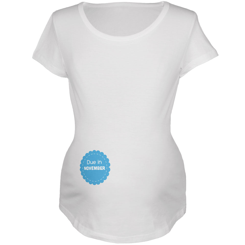 Due in November Blue Boy Badge White Maternity Soft T-Shirt Maternity T-Shirts Expectant Parents 2XL White