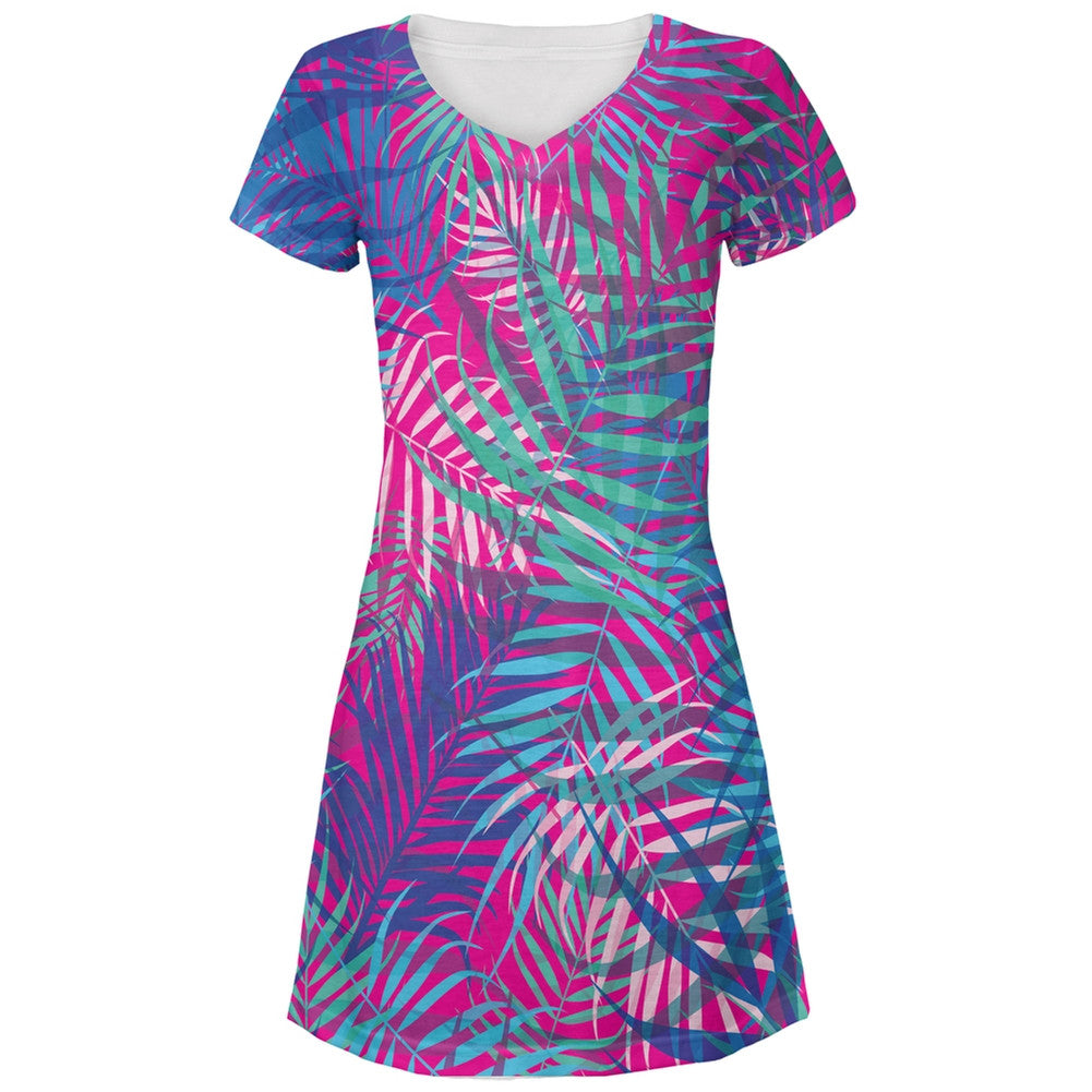 Palm Fronds Tropical Magenta All Over Juniors V-Neck Dress Juniors Dresses Old Glory LG Multi