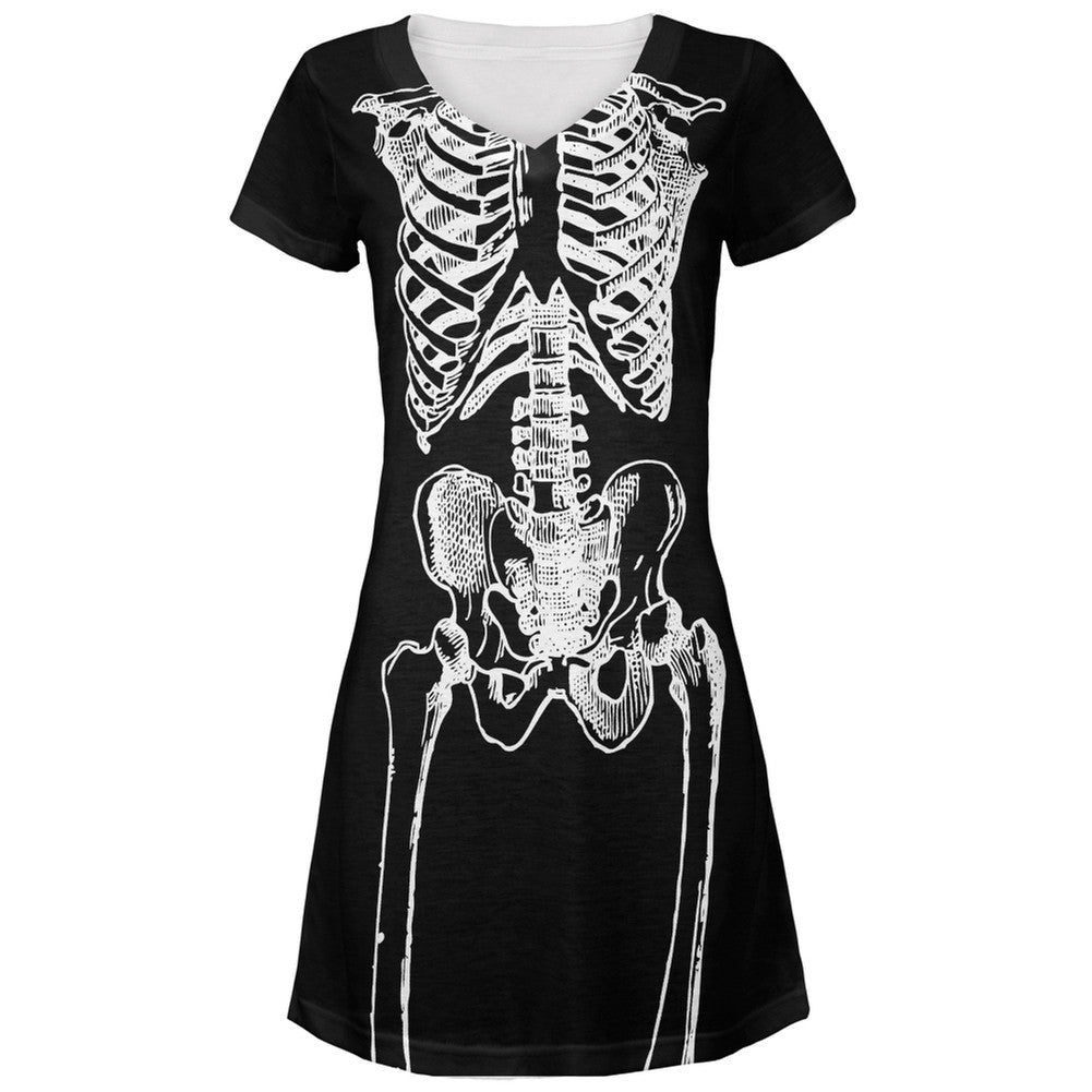 Halloween White Skeleton All Over Costume Juniors V-Neck Dress Juniors Dresses Old Glory LG Multi