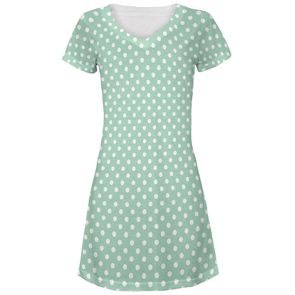 Green and White Polkadots All Over Juniors V-Neck Dress Juniors Dresses Old Glory LG Multi