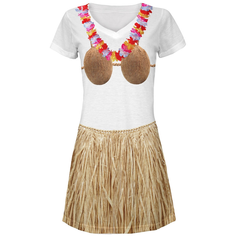 Coconut Bra Grass Skirt Hula Girl All Over Juniors V-Neck Dress 