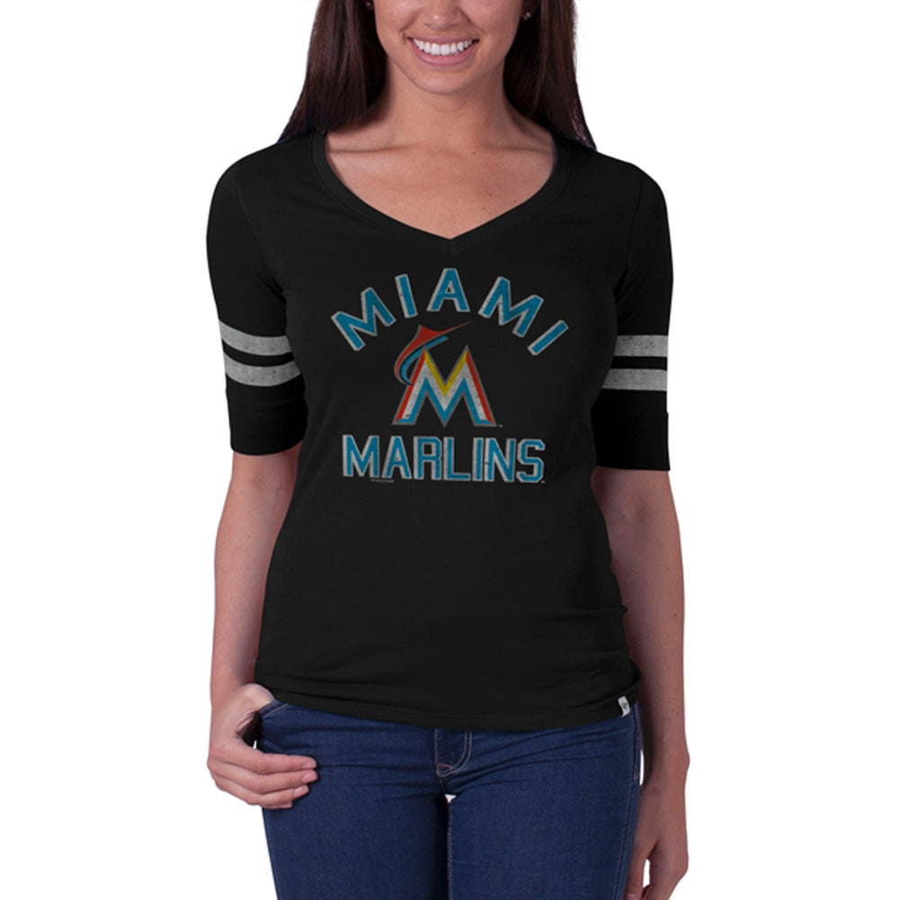 Miami Marlins - Dual Logo Flanker Black Juniors Stripe Premium T-Shirt Juniors T-Shirts Miami Marlins LG Black