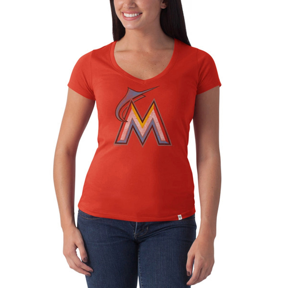 Miami Marlins - Large M Logo Flanker Orange Juniors Premium V-Neck T-Shirt Juniors T-Shirts Miami Marlins LG Orange