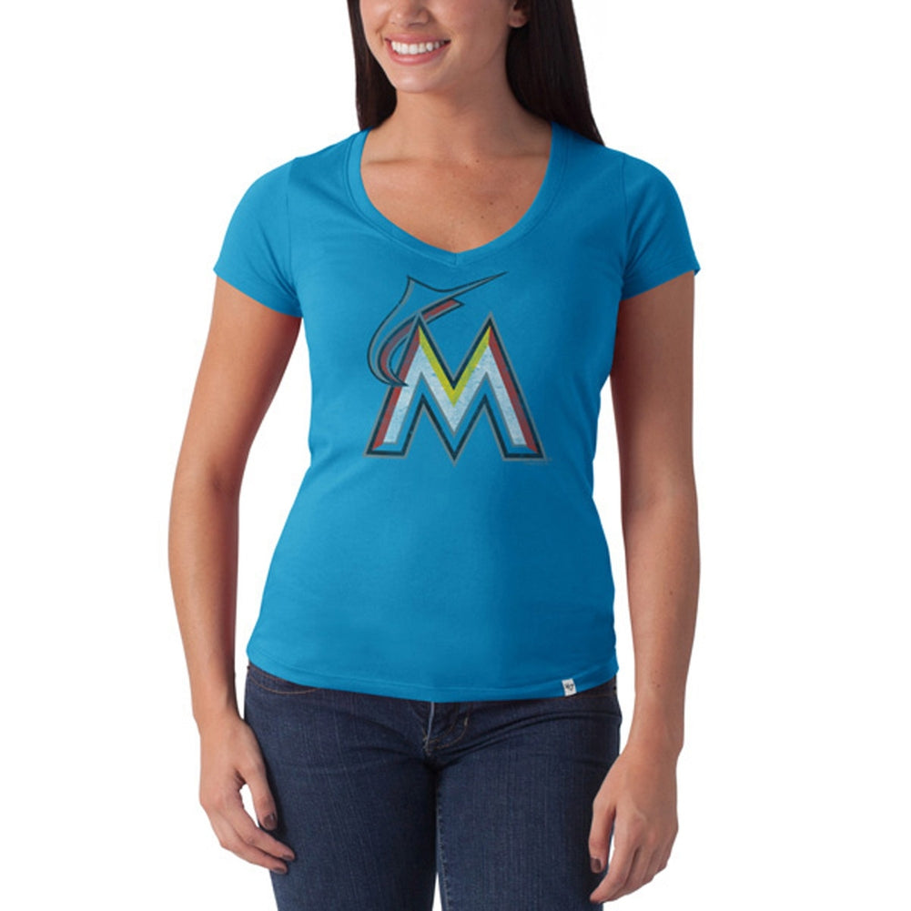 Miami Marlins - Large M Logo Flanker Light Blue Juniors Premium V-Neck T-Shirt Juniors T-Shirts Miami Marlins LG Blue