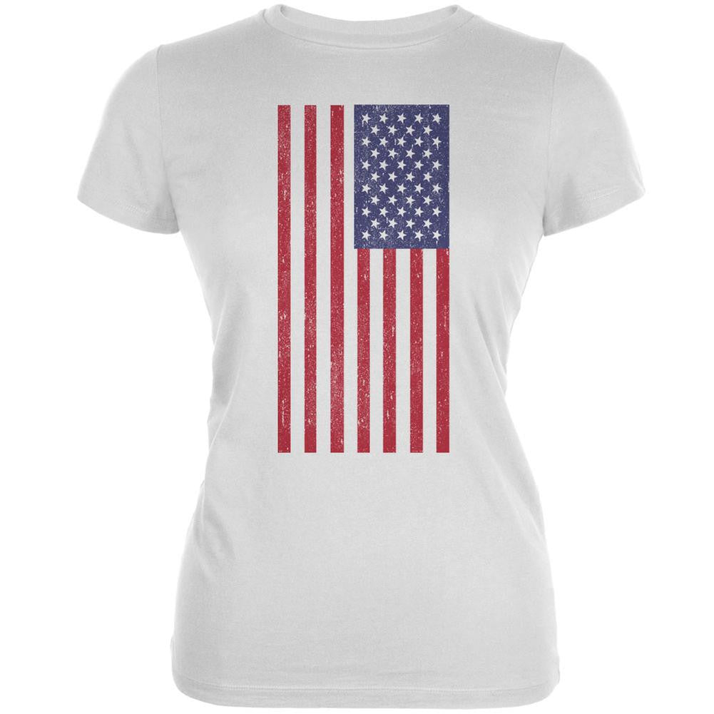 4th of July American Flag Distressed DTG White Juniors Soft T-Shirt Juniors T-Shirts Old Glory 2XL White