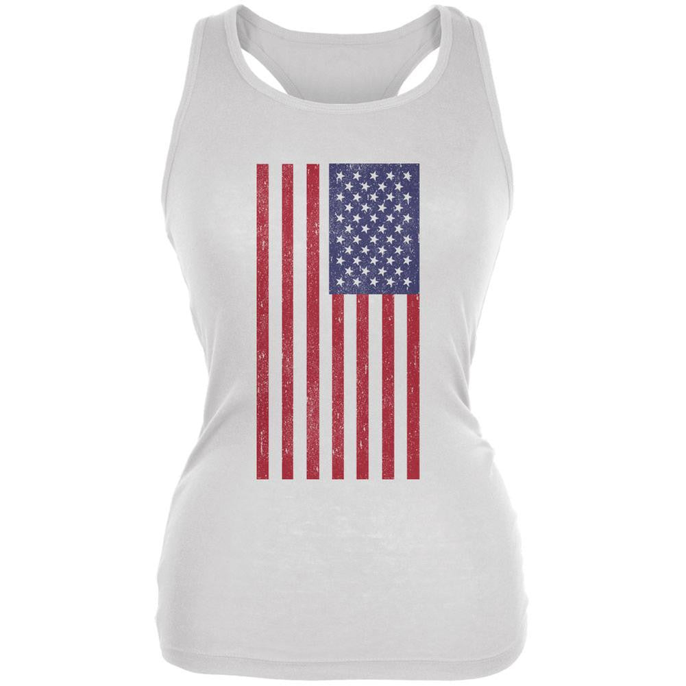 4th of July American Flag Distressed DTG White Juniors Soft Tank Top Juniors Tank Tops Old Glory 2XL White