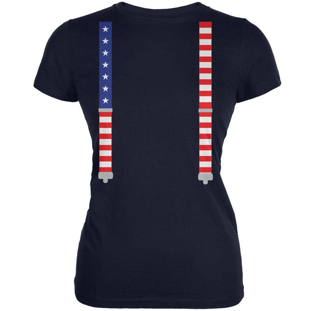 4th of July American Flag Suspenders Navy Juniors Soft T-Shirt Juniors T-Shirts Old Glory 2XL Blue