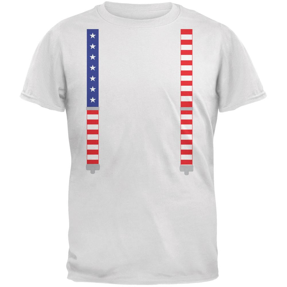 4th of July American Flag Suspenders White Adult T-Shirt Men's T-Shirts Old Glory 2XL White