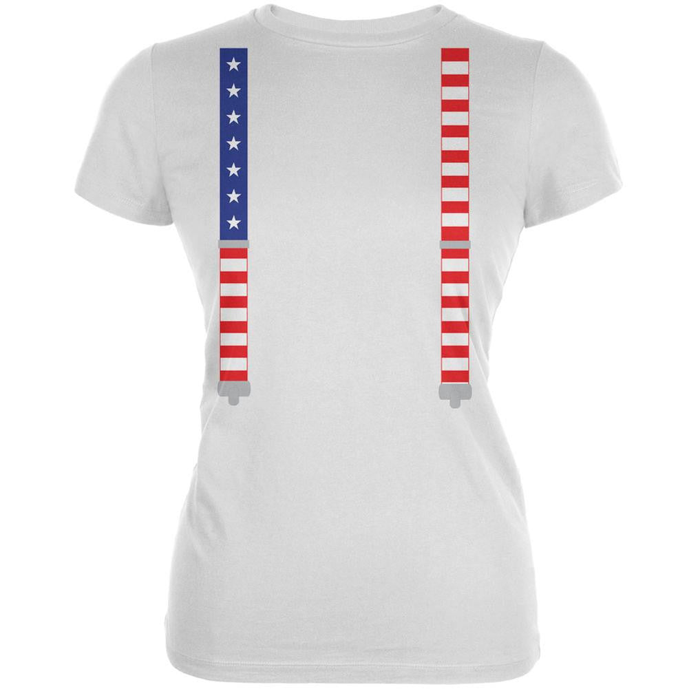 4th of July American Flag Suspenders White Juniors Soft T-Shirt Juniors T-Shirts Old Glory 2XL White