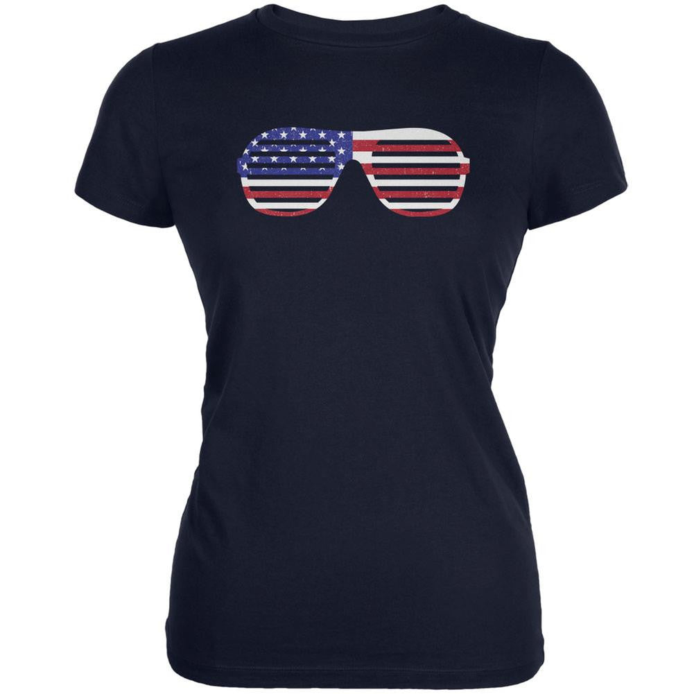 4th of July American Shutter Shades Navy Juniors Soft T-Shirt Juniors T-Shirts Old Glory 2XL Blue