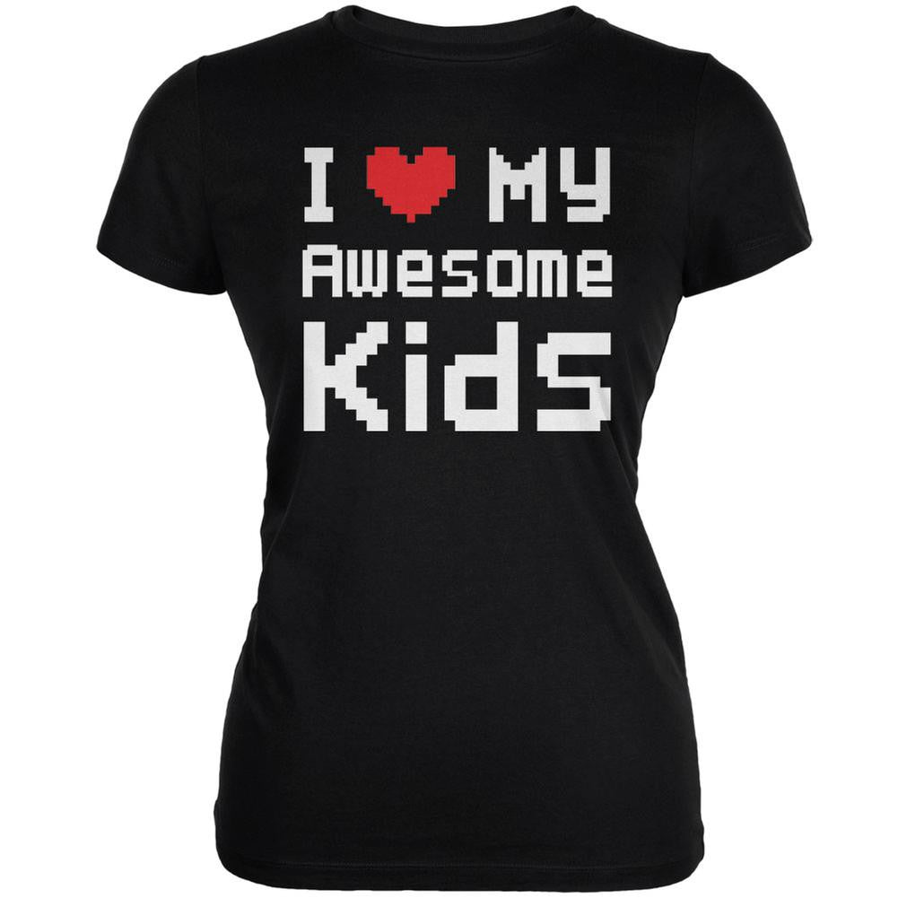 I Heart My Awesome Kids 8 Bit Pixel Black Juniors Soft T-Shirt Juniors T-Shirts Old Glory 2XL Black