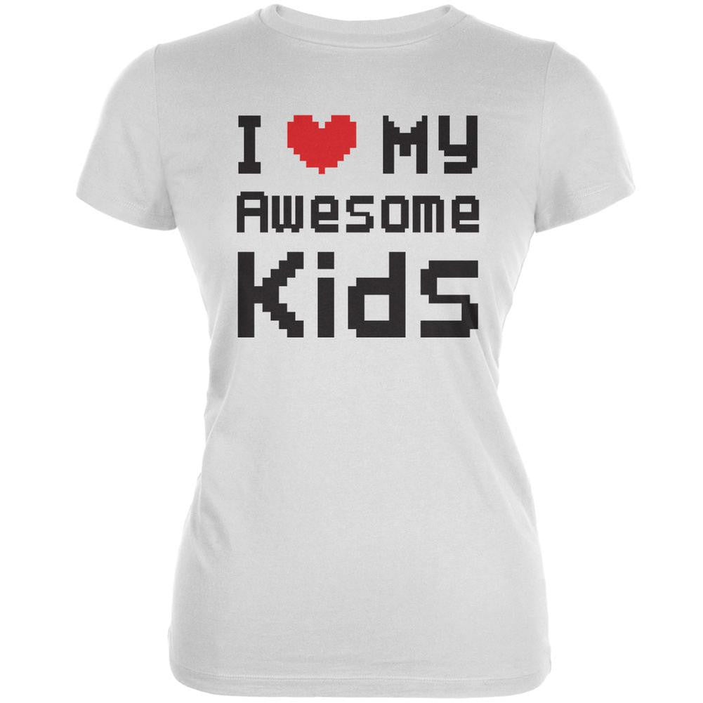 I Heart My Awesome Kids 8 Bit Pixel White Juniors Soft T-Shirt Juniors T-Shirts Old Glory 2XL White