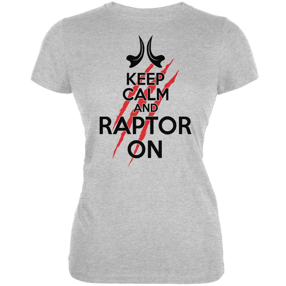 Keep Calm And Raptor On Heather Grey Juniors Soft T-Shirt Juniors T-Shirts Old Glory 2XL Grey