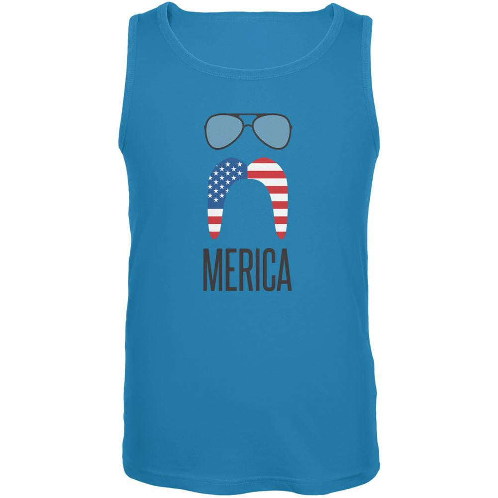 4th of July Merica Sunglasses and Mustache Turquoise Adult Tank Top Men's Tank Tops Old Glory 2X Blue