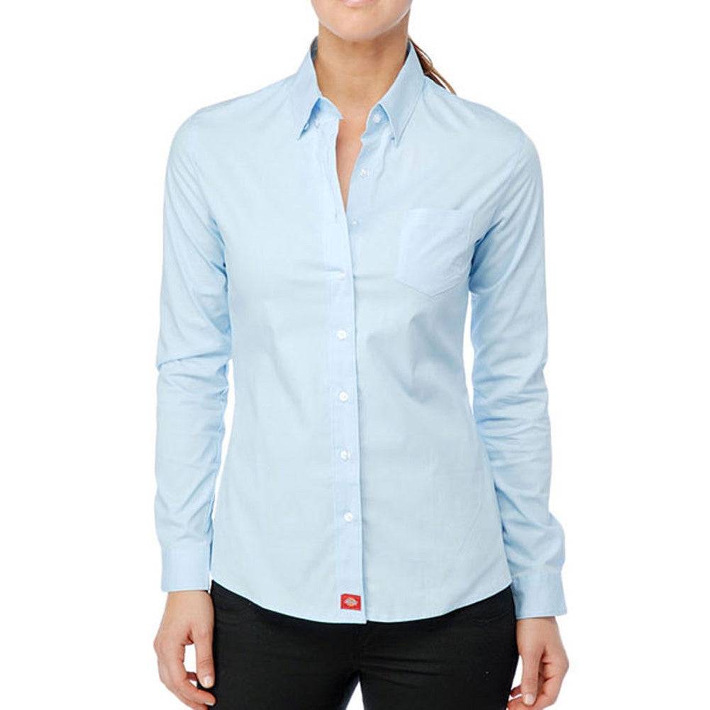 Dickies Girl - Poplin Baby Blue Juniors Long Sleeve Button-Up Juniors Button-Ups Dickies Girl MD Light Blue