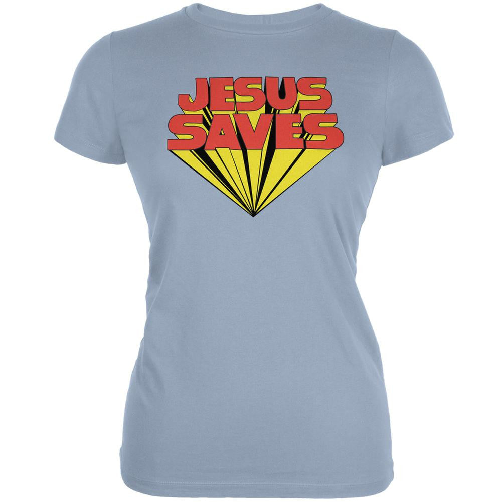 Jesus Saves Inspired By Keith Moon Light Blue Juniors Soft T-Shirt Juniors T-Shirts Old Glory 2XL Blue