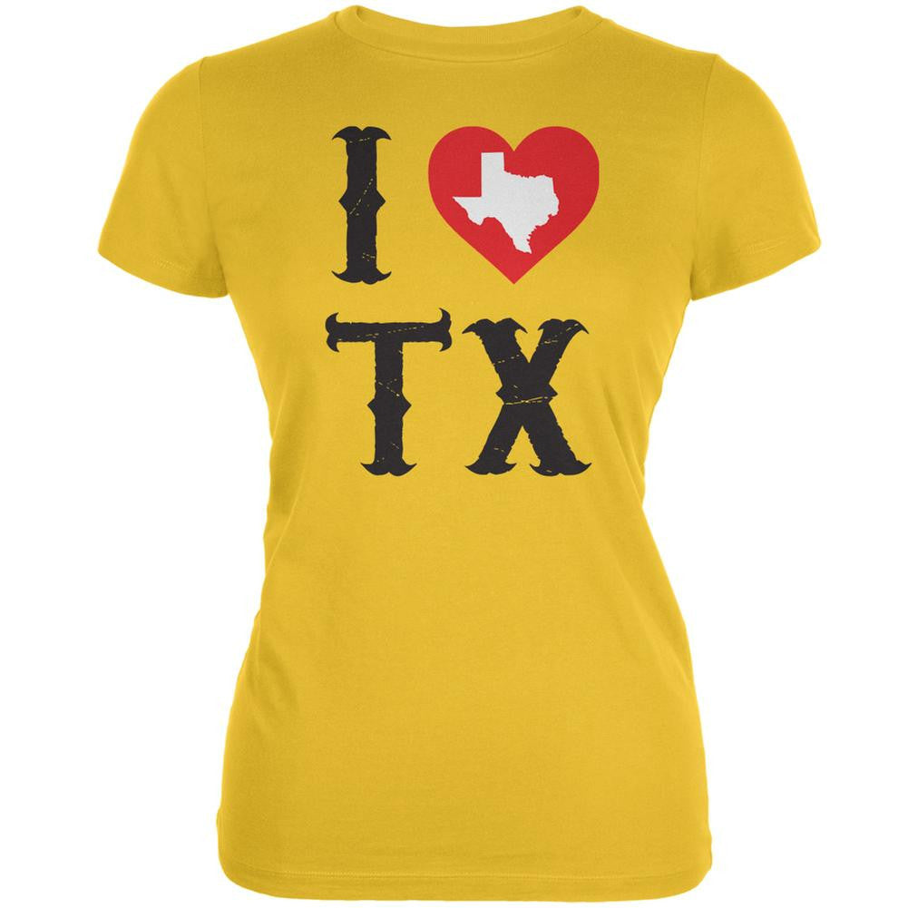 I Heart TX Bright Yellow Juniors Soft T-Shirt Juniors T-Shirts Old Glory 2XL Yellow