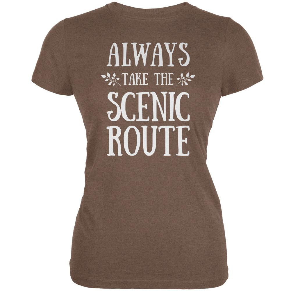 Hiking Always Take the Scenic Route Heather Brown Juniors Soft T-Shirt Juniors T-Shirts Old Glory 2XL Brown