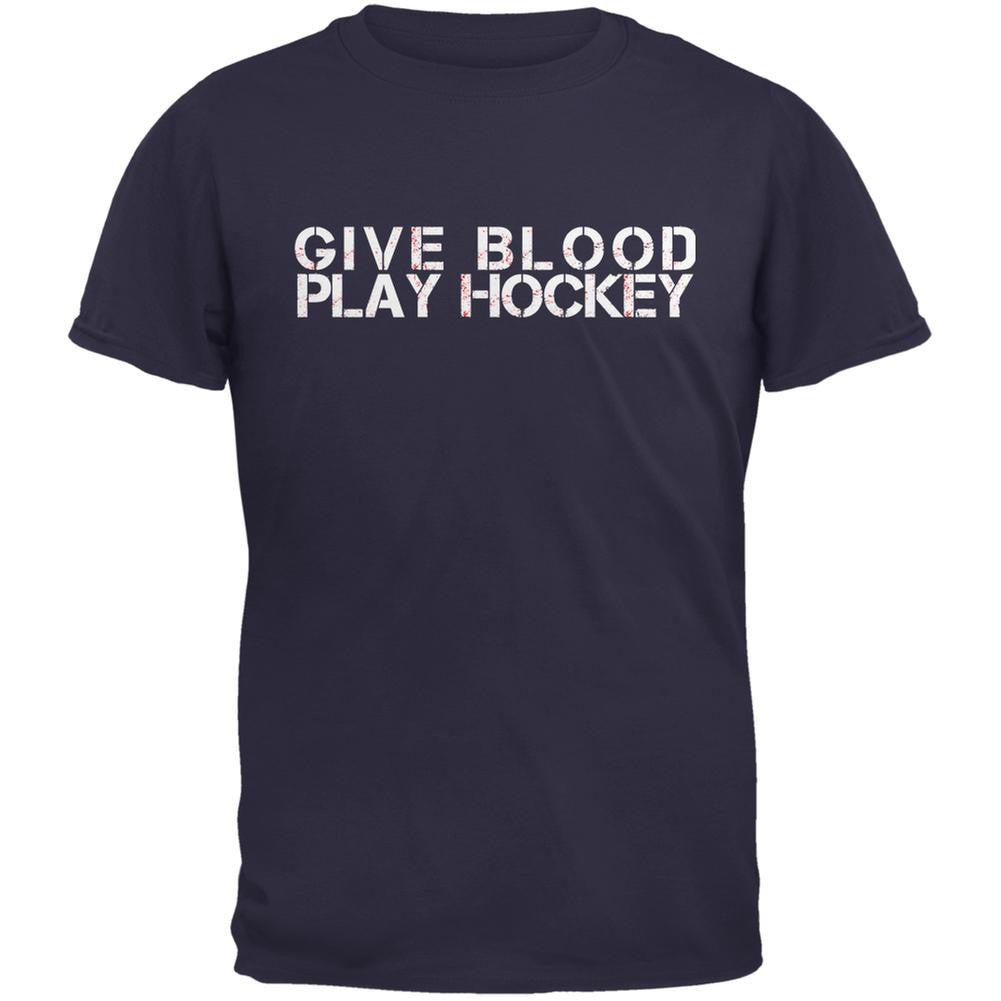 Give Blood Play Hockey Navy Adult T-Shirt Men's T-Shirts Old Glory 2XL Blue